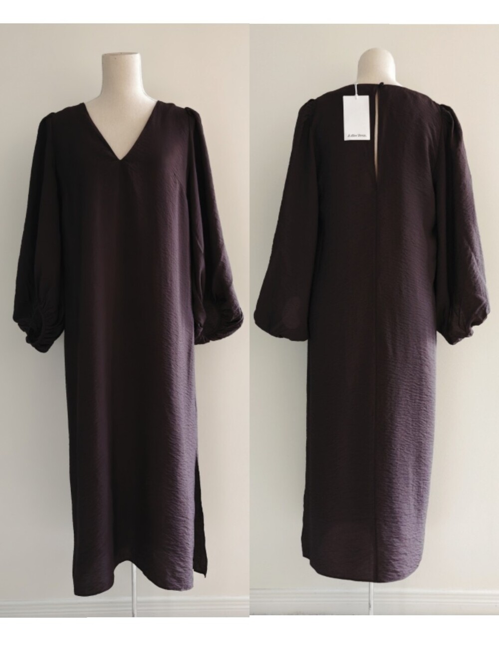 NWT & Other Stories Chocolate Brown V-Neck Midi Dress with Balloon Sleeves - Picture 4 of 15